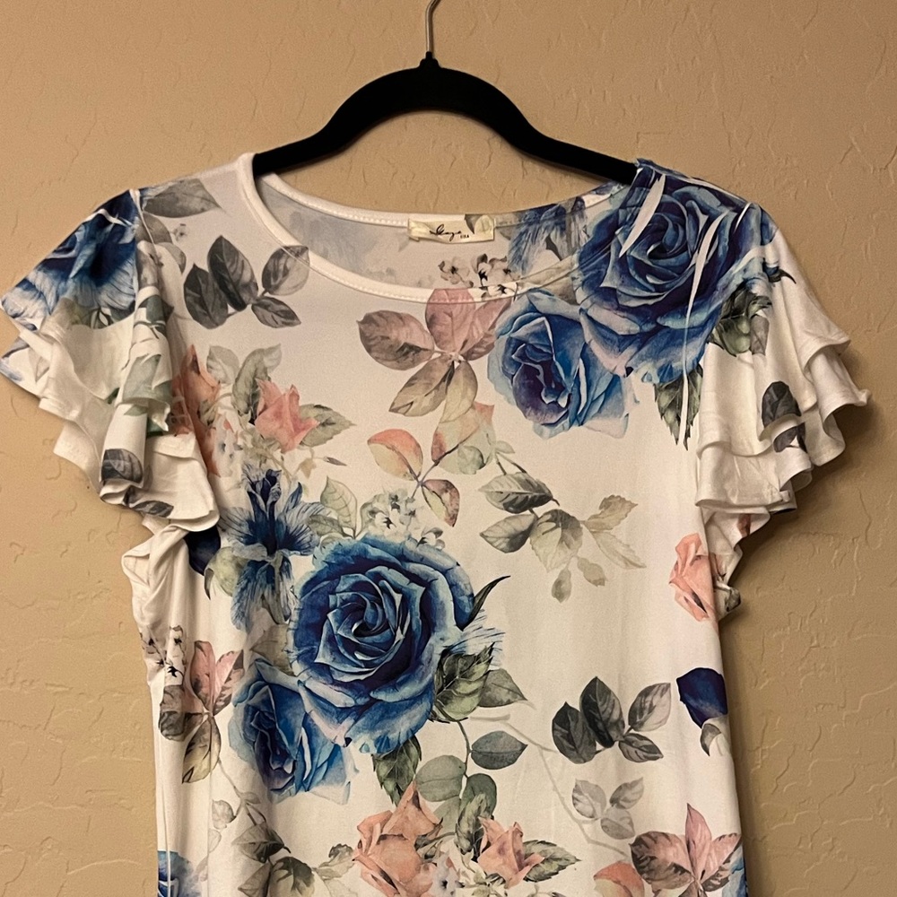 Gaze USA White w/Blue/Pink/Green Floral Print Top - Picture 4 of 10